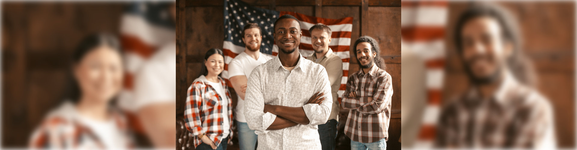 group of people in front of american flag